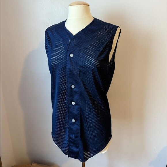 Vintage Navy Blue Mesh Sleeveless Button-Down Jersey by Wilson's Size S - Picture 3 of 8